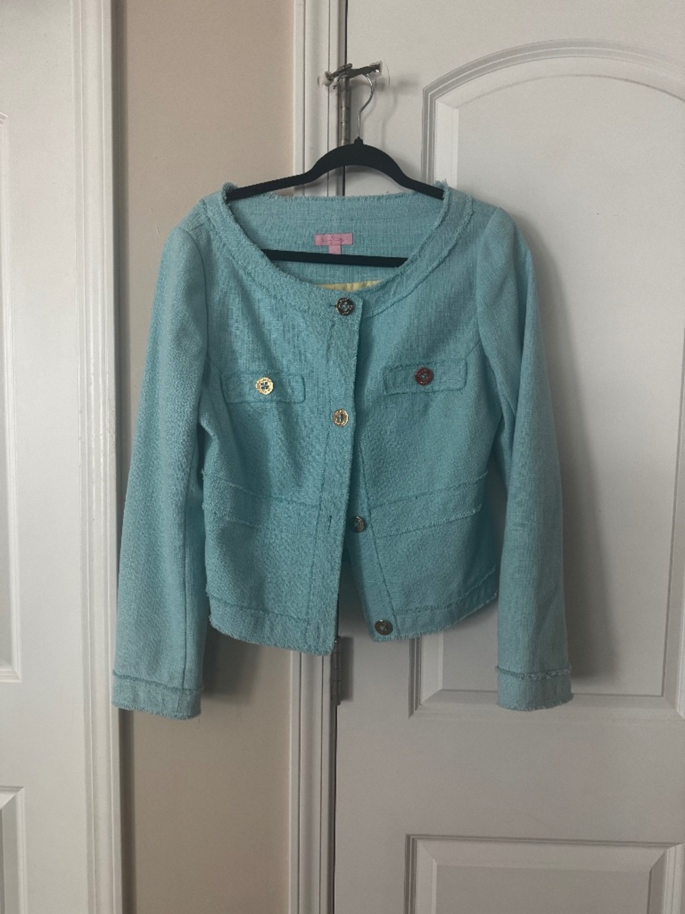 Lilly Pulitzer blue Tweed Jacket/ Blazer Frayed Trim Jacket Large